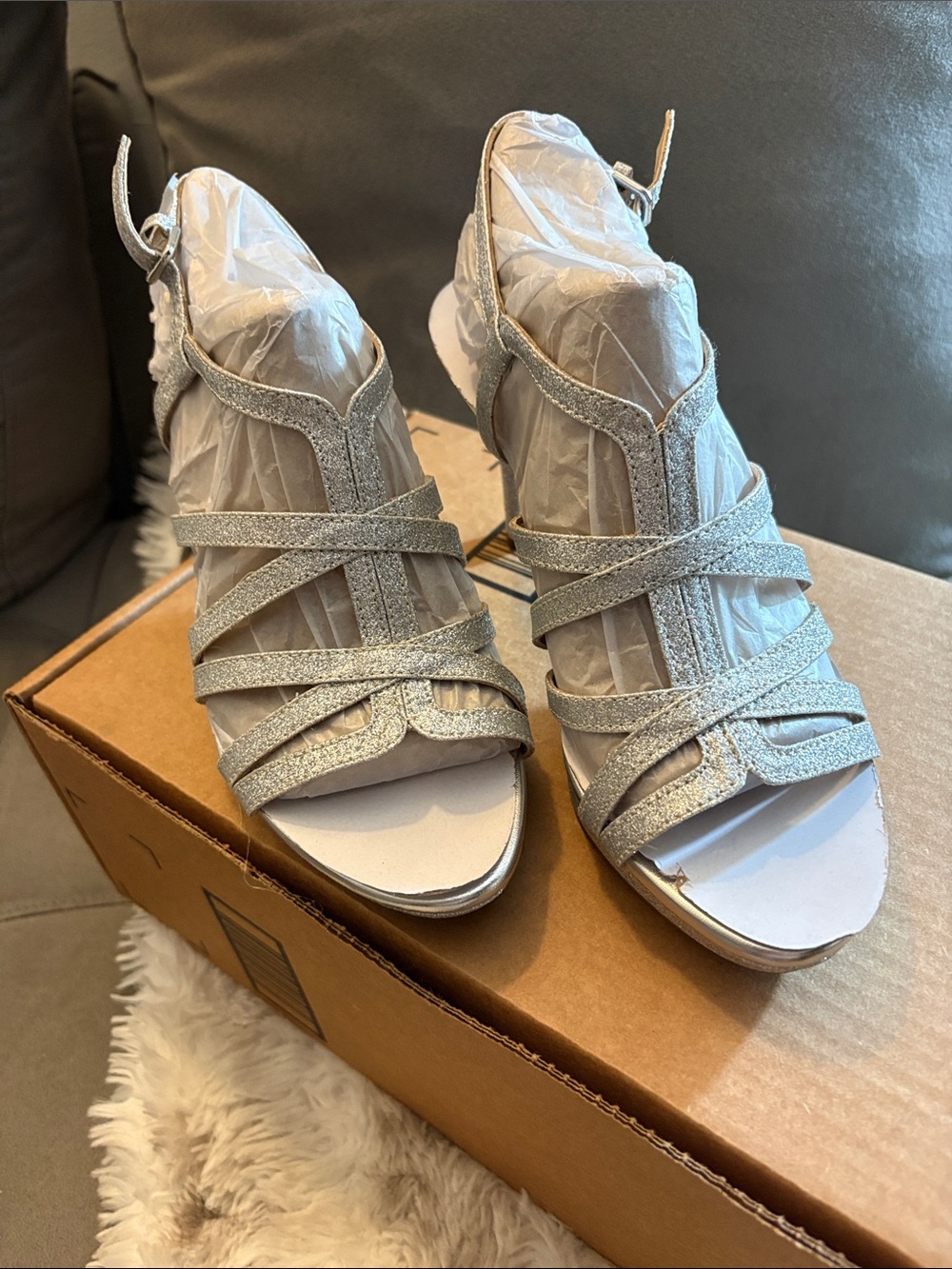 Naturalizer Silver Glitter Strappy Wedge Sandals